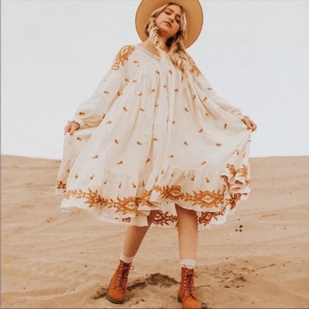 Free People Bohemian White and Orange Embroidered Dress